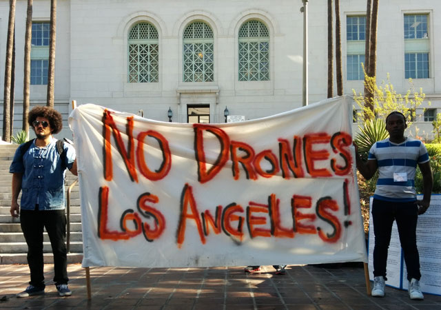 Anti-drone activists outside City Hall in downtown Los Angeles. All photos by the author