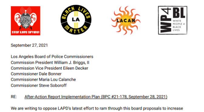 A screenshot of the letter sent to the police commission, with the logos of SLPDS, BLM, LACAN, and WP4BL displayed.
