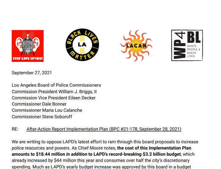 A screenshot of the letter sent to the police commission, with the logos of SLPDS, BLM, LACAN, and WP4BL displayed.