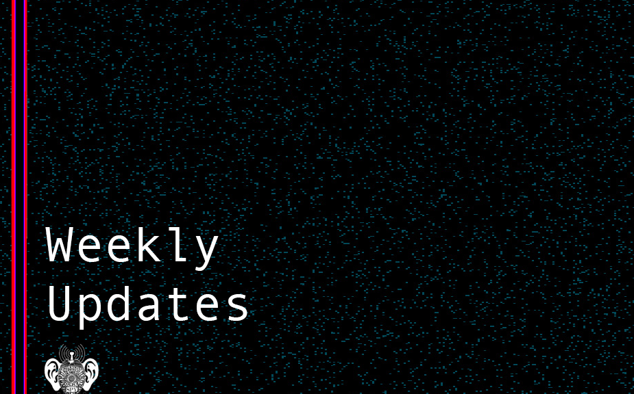 Weekly updates image. Black square with blue speckles, that reads with Stop LAPD Spying's logo in the bottom right corner and text that reads"Weekly Updates".